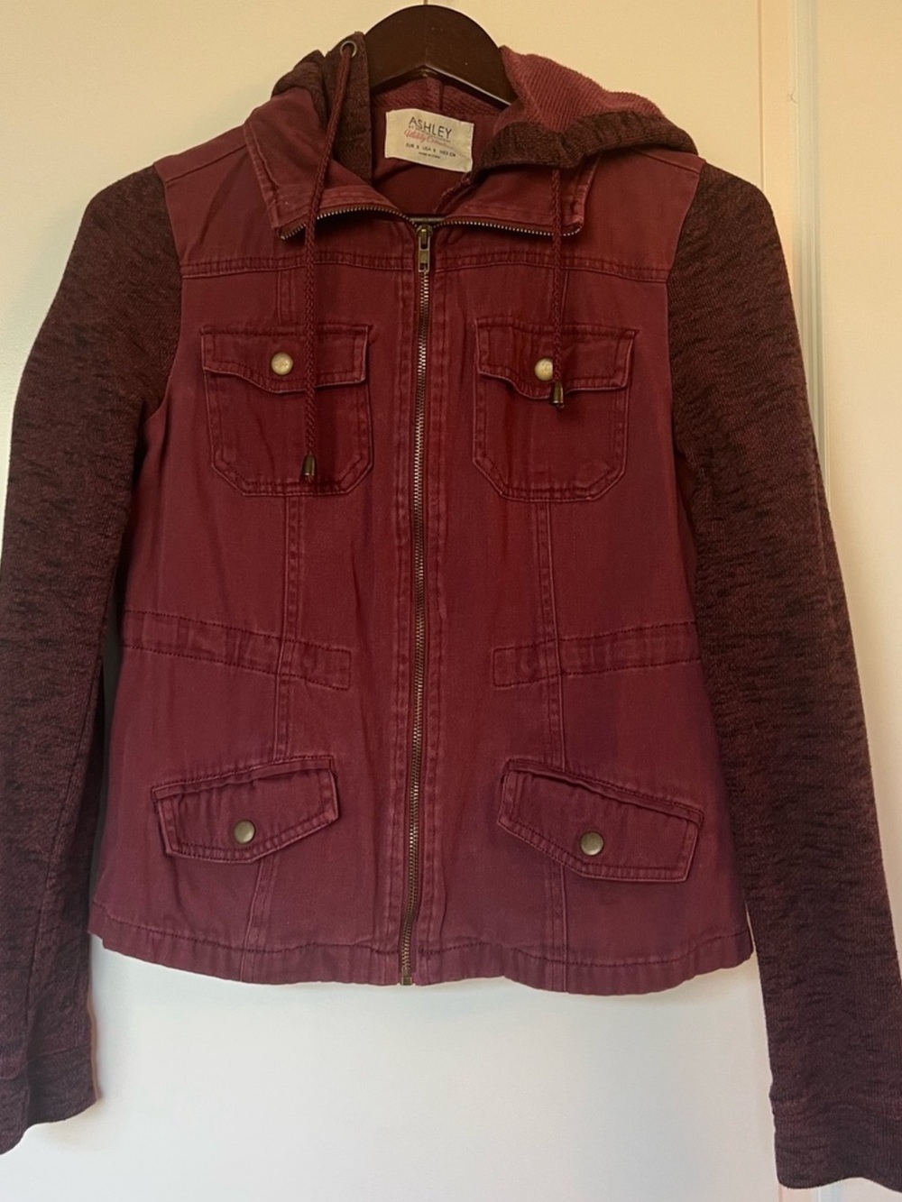 Ashley By 26 International Burgundy Red Mixed Media Hooded Utility Jacket Small